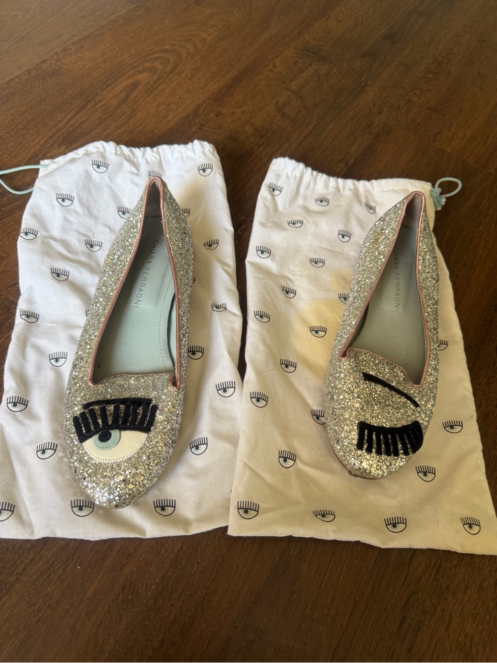 Chiara Ferragni Silver Glitter Eye Flats